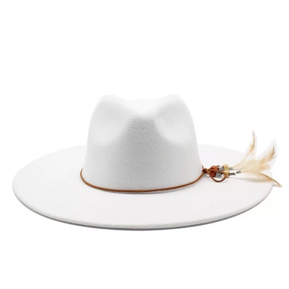 Accessories - White Wool Felt Feather Panama Bohemian Hat